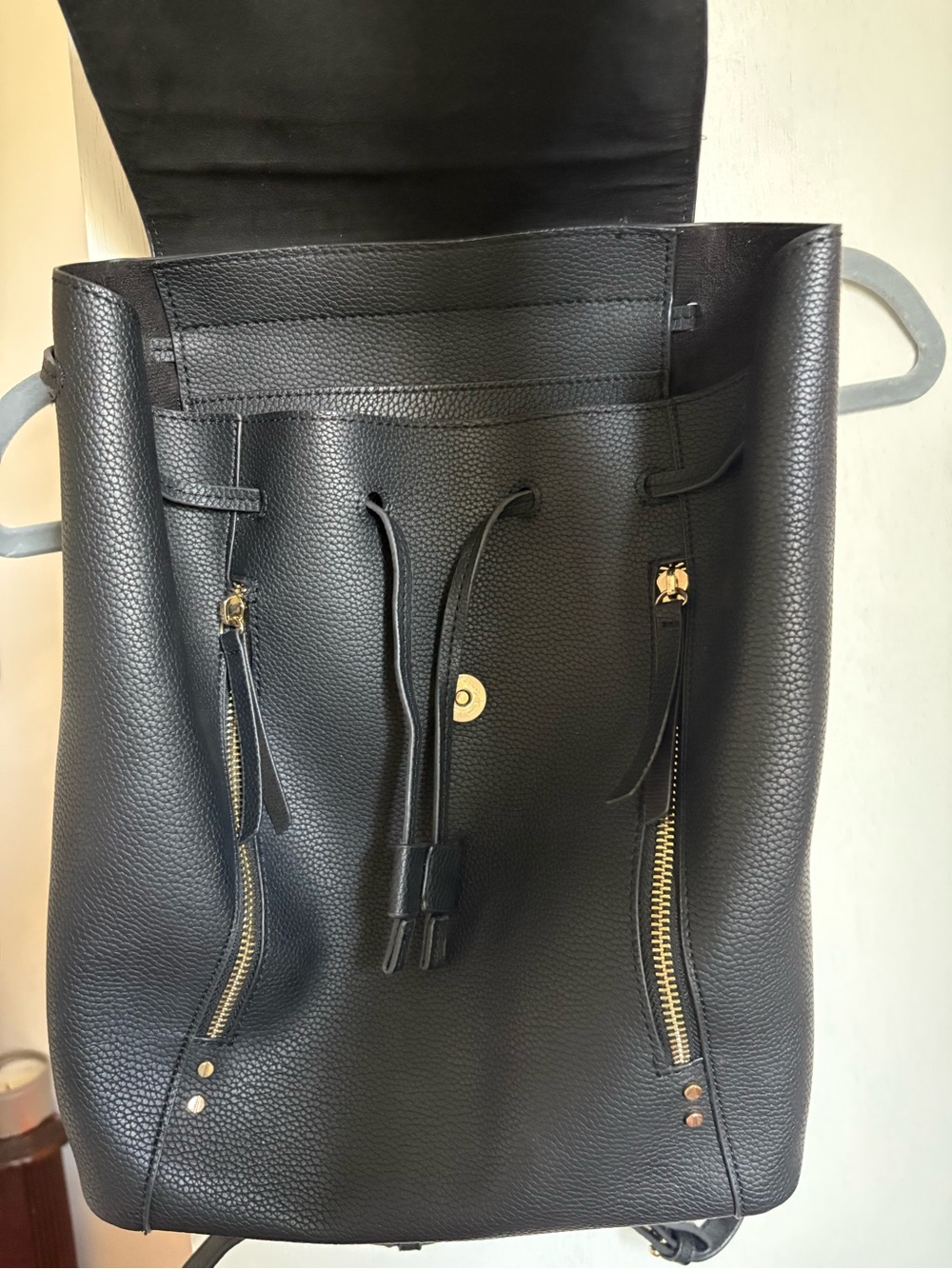 Topshop Black Pebbled Leather & Suede Flap Backpack with Gold Hardware - Picture 3 of 11